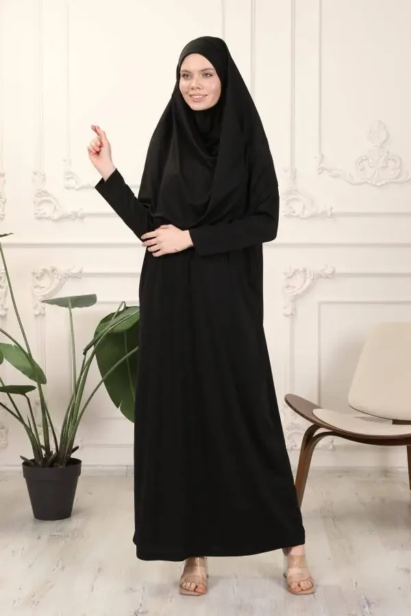 Black One-Piece Easy To Wear Instant Hijab Prayer Dress - 3