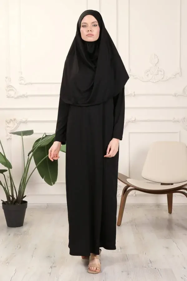 Black One-Piece Easy To Wear Instant Hijab Prayer Dress - 6