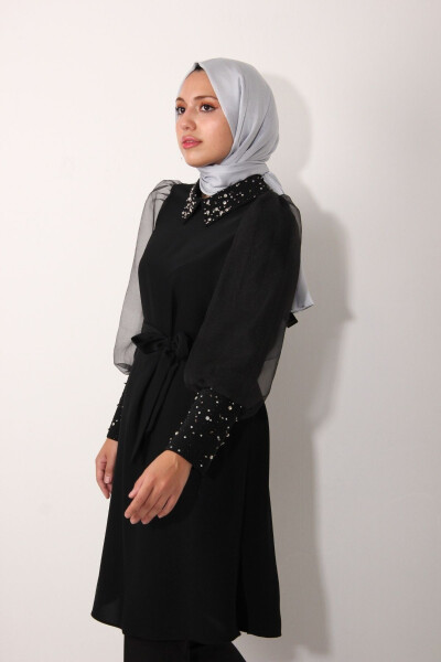 Black Organza Tunic with Stone Embroidered Collar and Sleeves - 1