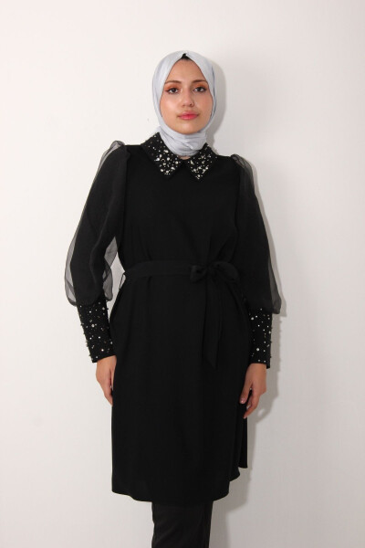 Black Organza Tunic with Stone Embroidered Collar and Sleeves - 2