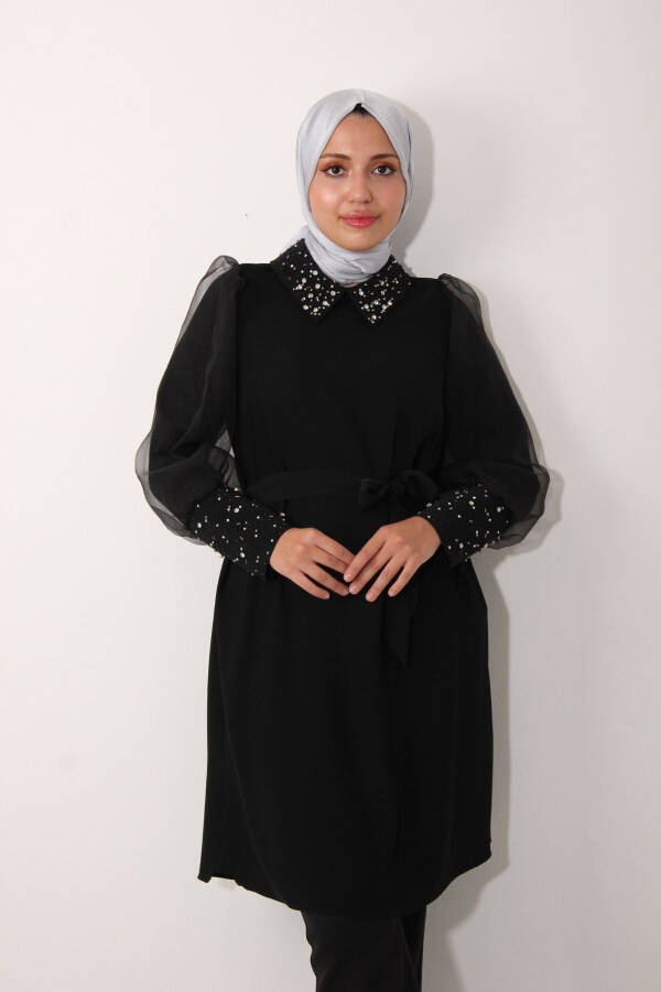 Black Organza Tunic with Stone Embroidered Collar and Sleeves - 3