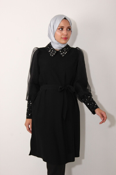 Black Organza Tunic with Stone Embroidered Collar and Sleeves - 4