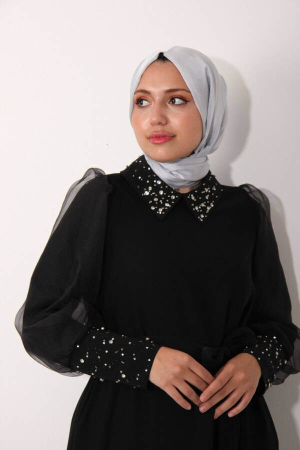 Black Organza Tunic with Stone Embroidered Collar and Sleeves - 5