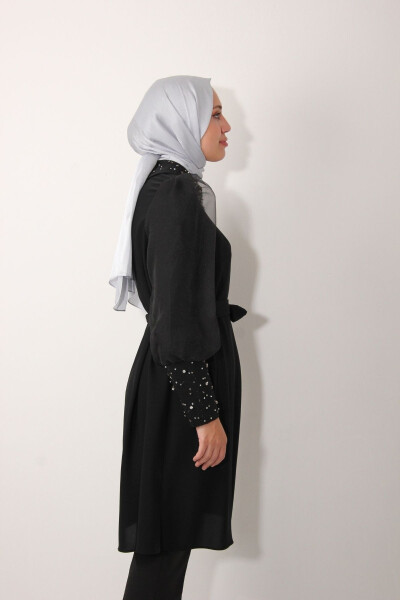 Black Organza Tunic with Stone Embroidered Collar and Sleeves - 6