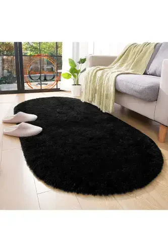 Black Oval Post Plush Soft Washable Non-Slip Dot Base Antibacterial Hallway Corridor Kids Rug-Black - 5