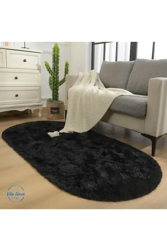 Black Oval Postal Carpet Plush Soft Non-slip Dot Base Antibacterial-Black - 4