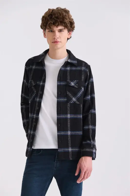 Black Over Size Loose Fit Plaid Patterned Cotton Pocketed Lumberjack Shirt - 1