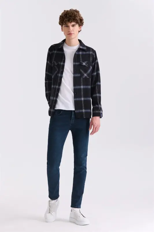 Black Over Size Loose Fit Plaid Patterned Cotton Pocketed Lumberjack Shirt - 2