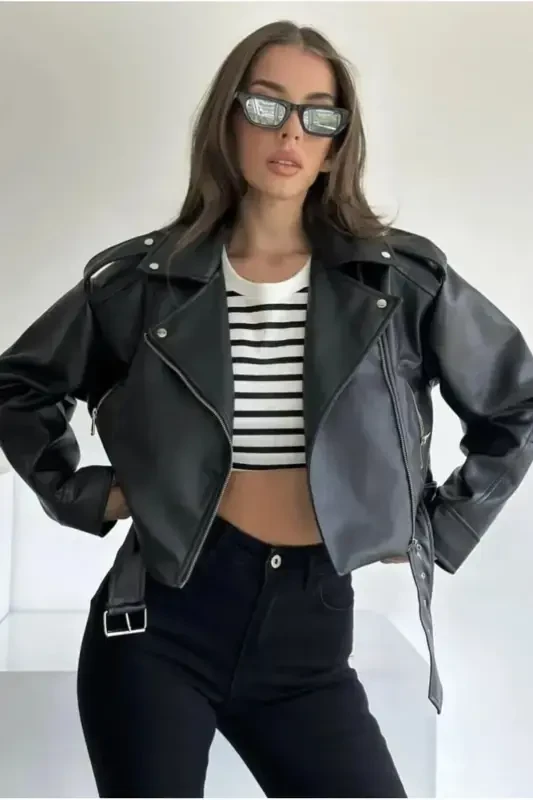 Black Oversized Belted Leather-look Jacket - 2
