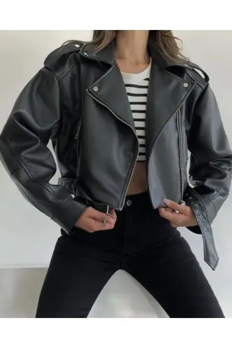 Black Oversized Belted Leather-look Jacket 