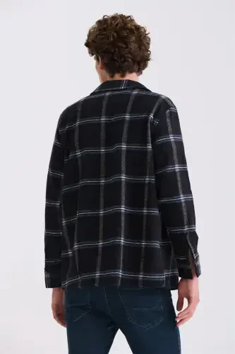 Black Oversized Loose Plaid Pattern Cotton Pocketed Lumberjack Shirt - 4