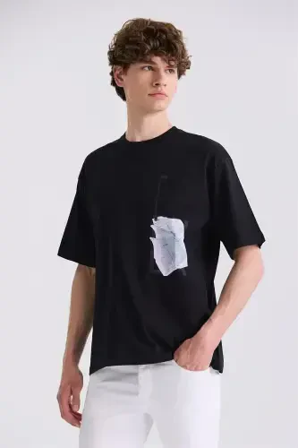 Black Oversized T-shirt with Printed Writing and Bike Neck - 1