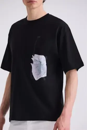 Black Oversized T-shirt with Printed Writing and Bike Neck - 3