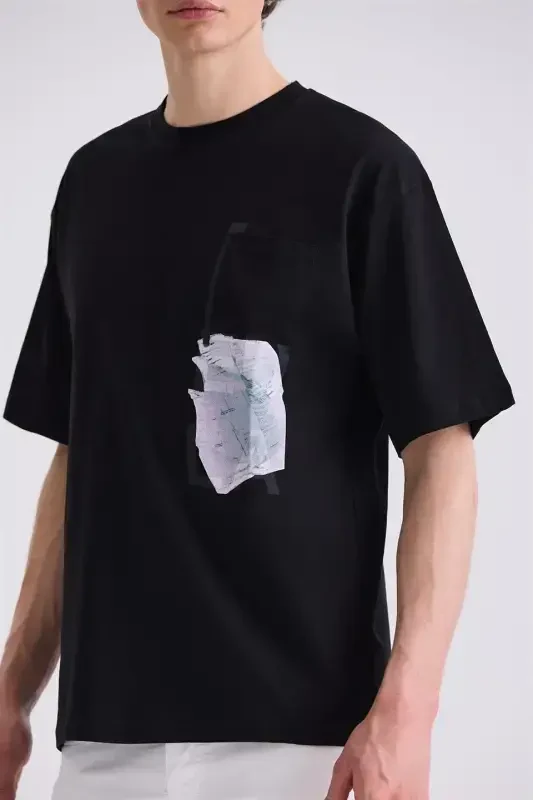 Black Oversized T-shirt with Printed Writing and Bike Neck - 3