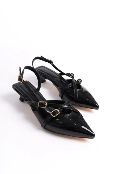 Black Patent Leather 3 cm Heel Shoes with Strap Buckle Detail Pointed Toe - 4