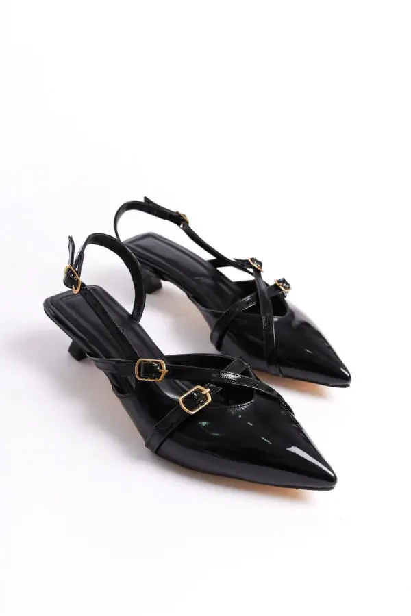 Black Patent Leather 3 cm Heel Shoes with Strap Buckle Detail Pointed Toe - 4