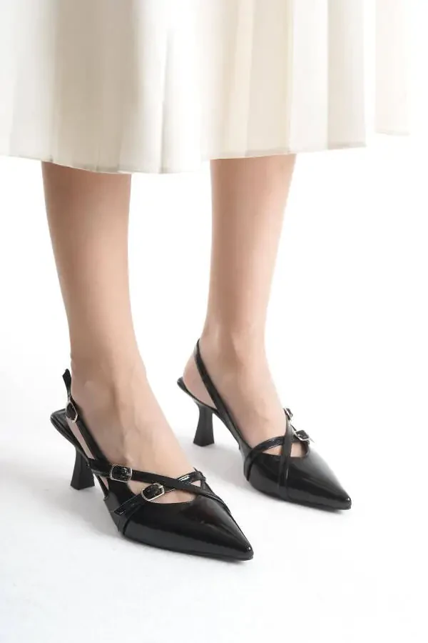 Black Patent Leather Pointed Toe Buckle Detail Women's 7 cm Heel Shoes - 1