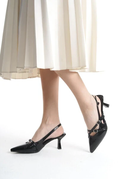 Black Patent Leather Pointed Toe Buckle Detail Women's 7 cm Heel Shoes - BAK STORE (1)