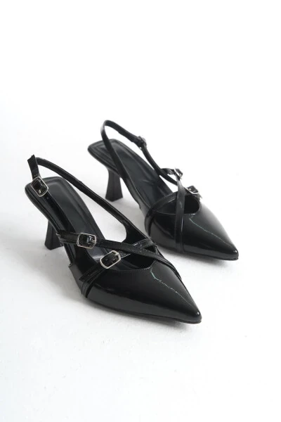 Black Patent Leather Pointed Toe Buckle Detail Women's 7 cm Heel Shoes - 4