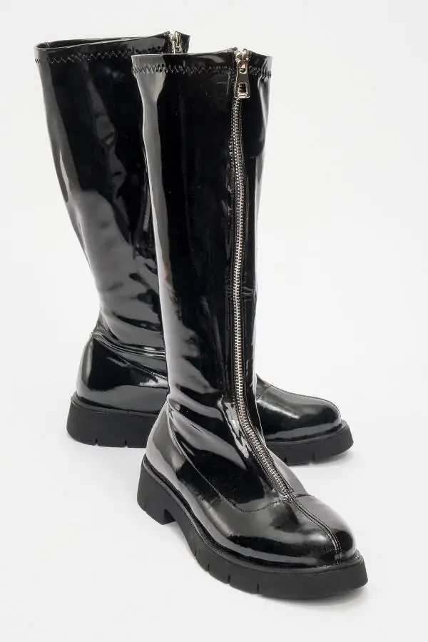 Black patent leather women's boots with front zipper. - 1