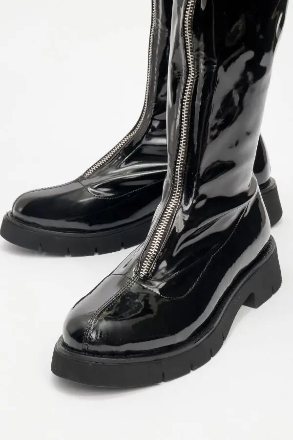 Black patent leather women's boots with front zipper. - 3