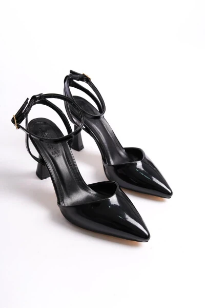 Black Patent Leather Women's High Heel Shoes Pointed Toe Buckle - 4