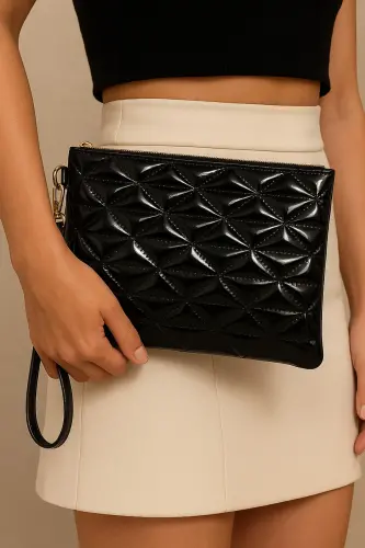 Black Patent Triangle Patterned Portfolio Clutch Bag-Black Patent 
