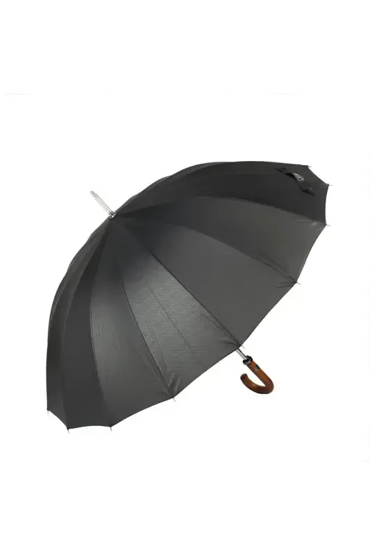 Black Pattern Wooden Handle 16 Steel Wire Premium Luxury Men's Cane Umbrella M21marmpr1025r003-Black Gray - 1