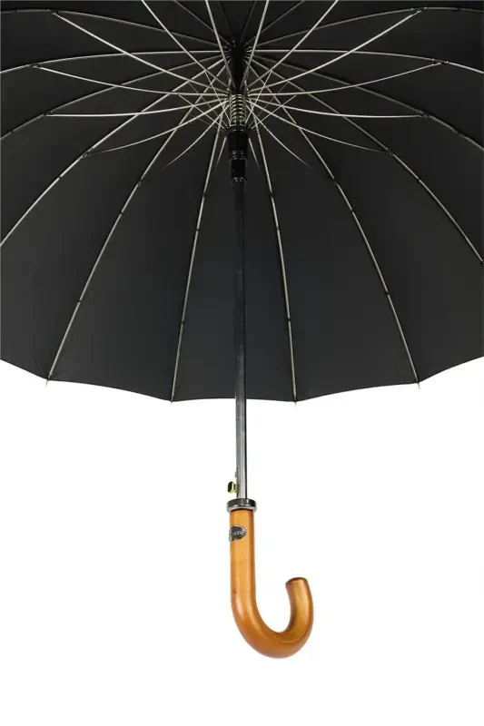 Black Pattern Wooden Handle 16 Steel Wire Premium Luxury Men's Cane Umbrella M21marmpr1025r003-Black Gray - 3