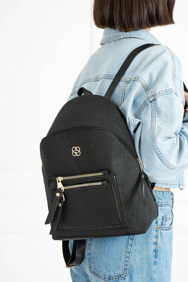 Black Patterned Pocket Detail Backpack - 9