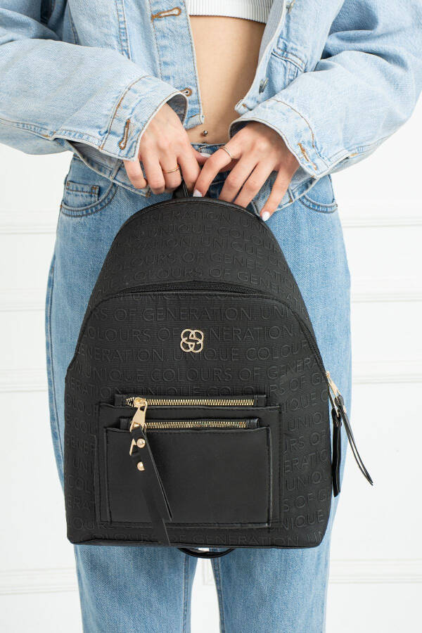 Black Patterned Pocket Detail Backpack - 11