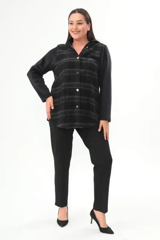 Black Plaid Button Snap Pocket Detail Jacket - 2