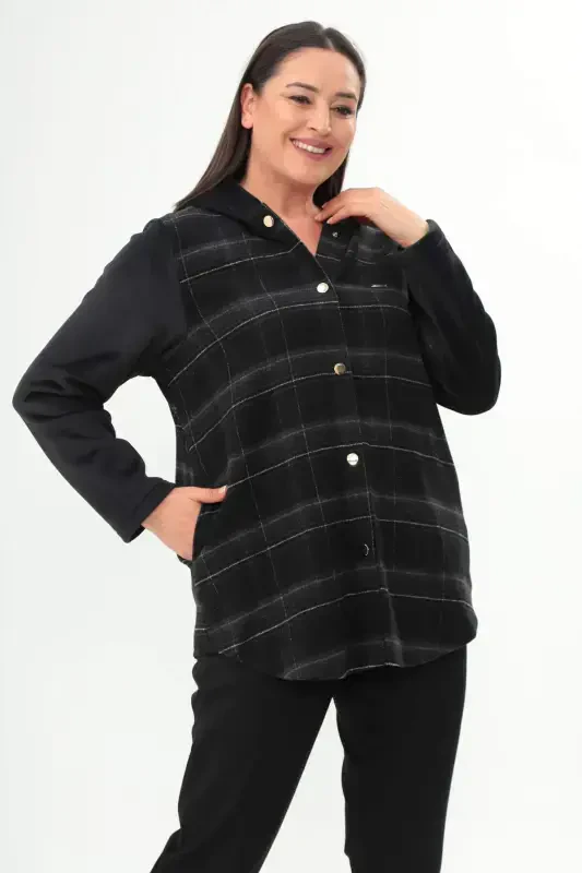 Black Plaid Button Snap Pocket Detail Jacket - 4