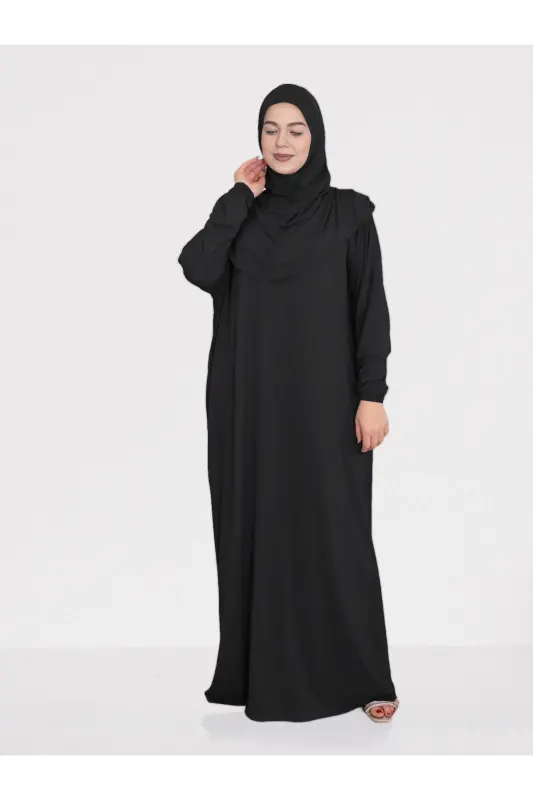 Black Plain Color Cotton Fabric Headscarf Prayer Dress-Black - 1