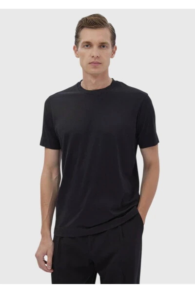 Black Plain Crew Neck Cotton Blend T-Shirt - RAMSEY