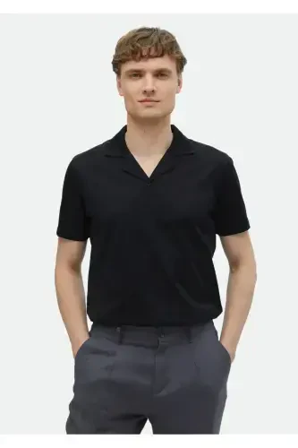 Black Plain Cuban Collar 100% Cotton T-Shirt - 1