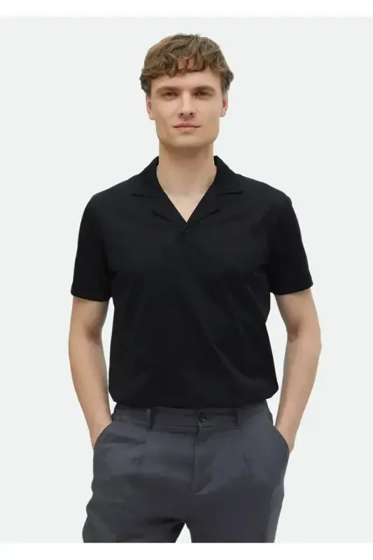 Black Plain Cuban Collar 100% Cotton T-Shirt - RAMSEY