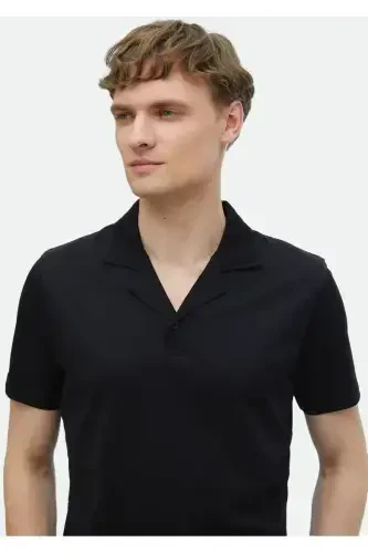 Black Plain Cuban Collar 100% Cotton T-Shirt - 3
