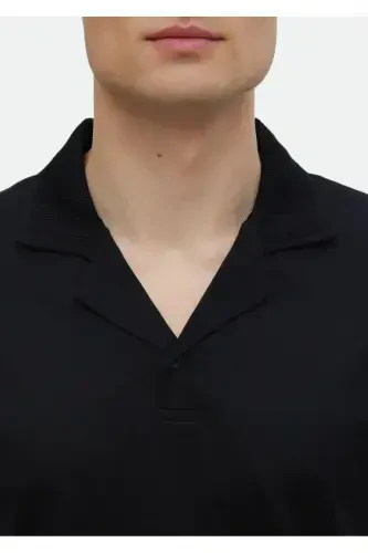 Black Plain Cuban Collar 100% Cotton T-Shirt - 4