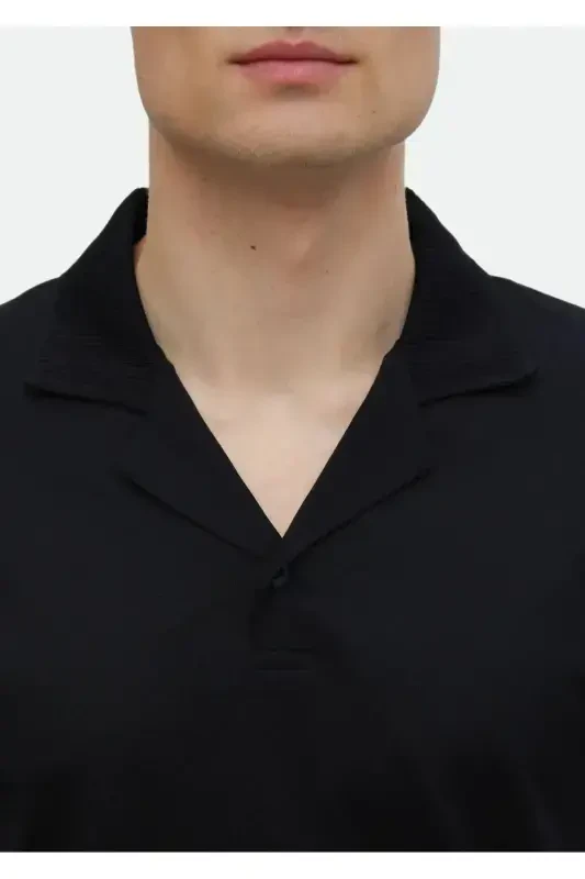 Black Plain Cuban Collar 100% Cotton T-Shirt - 4