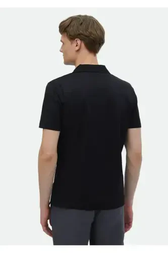 Black Plain Cuban Collar 100% Cotton T-Shirt - 5