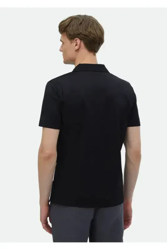 Black Plain Cuban Collar 100% Cotton T-Shirt - 5