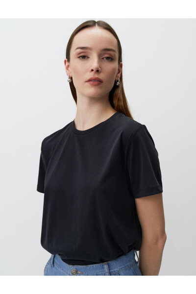 Black Plain Cut Crew Neck Short Sleeve Basic Knit T-Shirt - 9