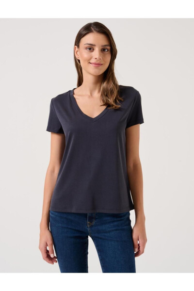 Black Plain Cut V Neck Short Sleeve Basic Knit T-Shirt - 19