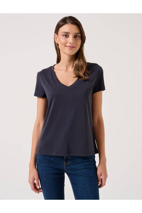 Black Plain Cut V Neck Short Sleeve Basic Knit T-Shirt - 19