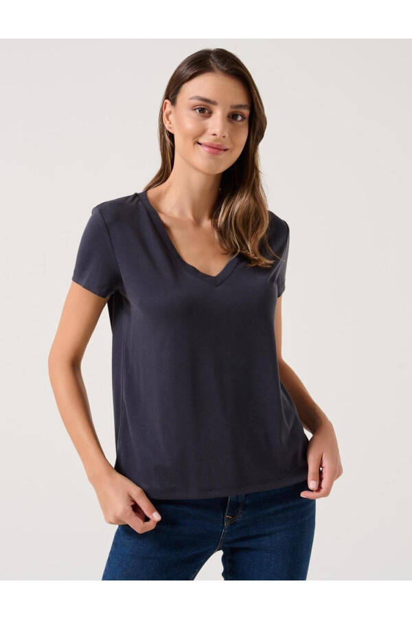 Black Plain Cut V Neck Short Sleeve Basic Knit T-Shirt - 20