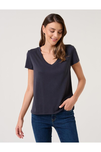 Black Plain Cut V Neck Short Sleeve Basic Knit T-Shirt - 23