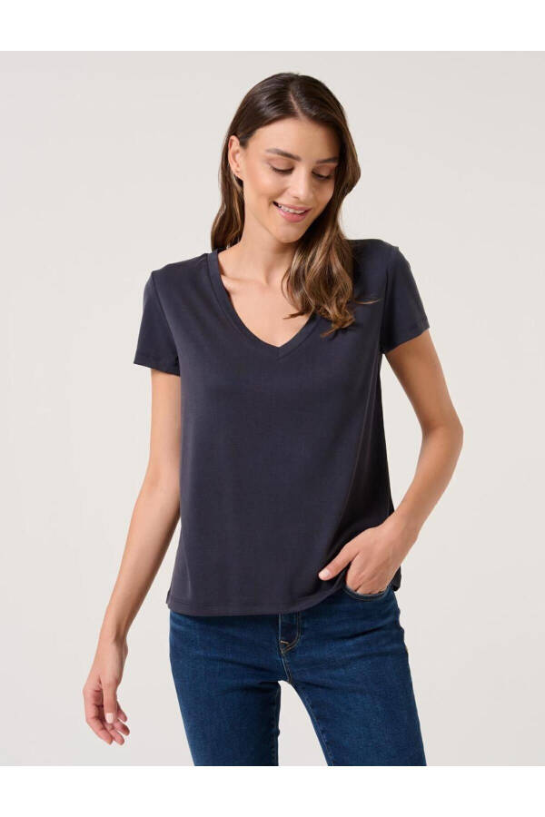 Black Plain Cut V Neck Short Sleeve Basic Knit T-Shirt - 8