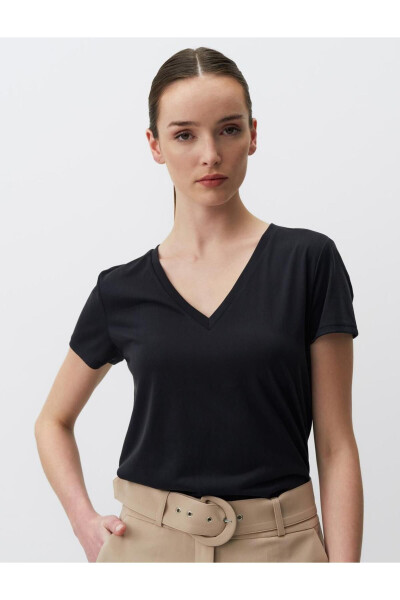 Black Plain Cut V-Neck Short Sleeve Knit Basic T-Shirt - 1