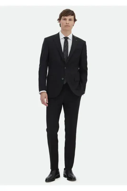 Black Plain Modern Fit Wool Blend Suit - 2
